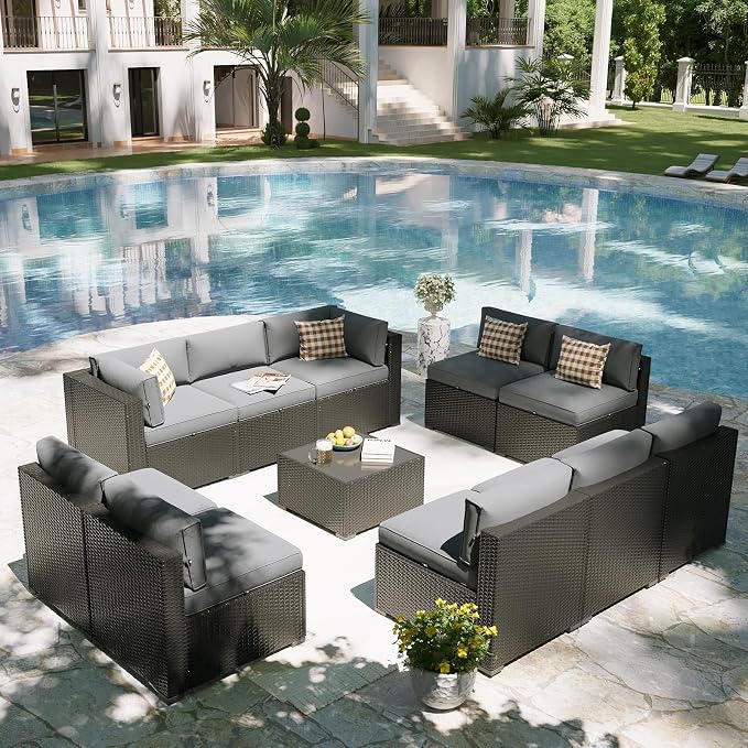Aoxun Patio Furniture Set, 11 Piece Outdoor Sectional Sofas with Waterprool Cover, 10 Seats Wicker Rattan Outdoor Furniture Patio Conversation Set for Backyard, Garden Light Grey