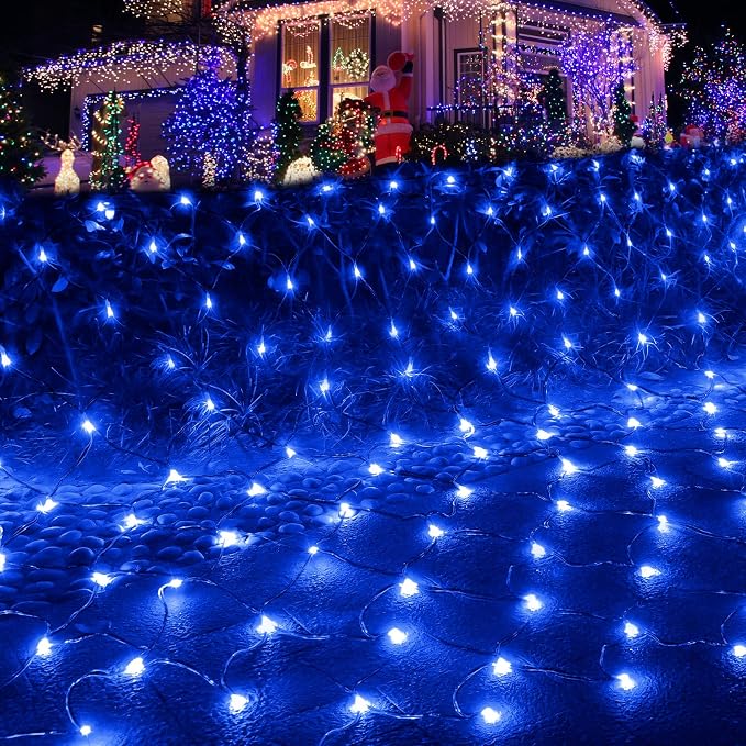 Blue Net Lights, 15x 5ft Christmas Bush Lights Outdoor Green Wire | 300 LED Large Net Mesh Lights Plug in, 8 Modes Waterproof Connectable Bushes Lights for Halloween Hedge Yard Decor