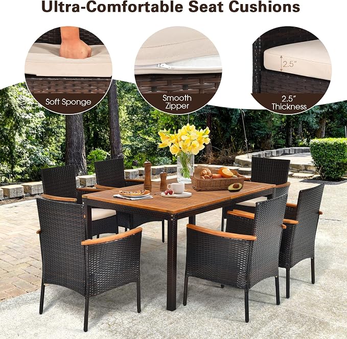 7 Pieces Patio Dining Set Outdoor Dining Set with Umbrella Hole, Wicker Patio Furniture Set with Acacia Wood Table and Chairs, Garden Dining Table Set for Backyard, Desk, Poolside (Brown)