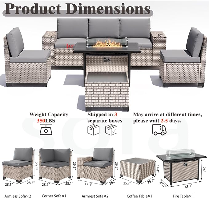 7 Pieces Patio Furniture Set with Fire Pit Table, Outdoor Sectional Wicker Sofa with Thickened Cushions and Coffee Table, High Back Rattan Patio Conversation Sets, Grey
