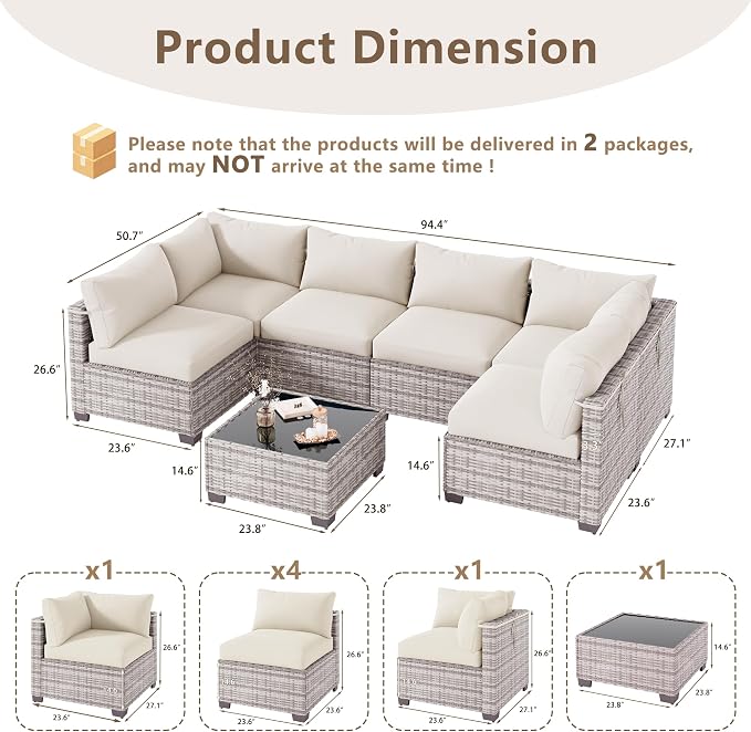 LOUVIXA 7 Piece Outdoor Patio Furniture Set, Outdoor Sectional Sofa, Wicker Rattan Patio Furniture, Patio Conversation Set with Coffee Table & Cushions