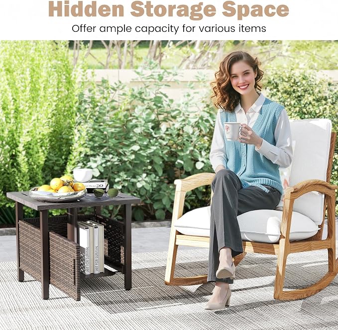 Outdoor Side Table with Umbrella Hole, Umbrella Table with Zinc-Iron Alloy Tabletop, 2 Sand Bags & Single-Door Cabinet, 22" Wicker End Table for Patio, Garden, Porch, Poolside(Mix Brown)