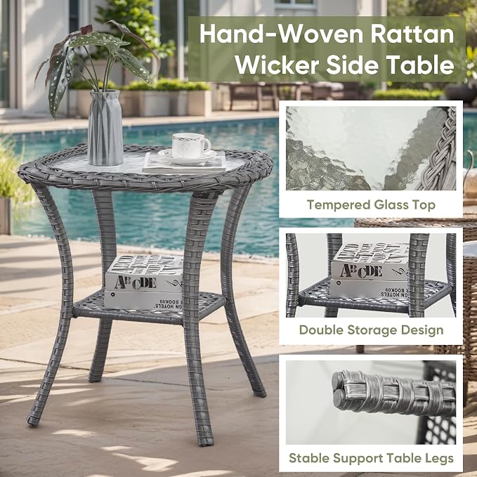 Outdoor Swivel Rocker Patio Chairs with Side Table 3 Pieces PE Wicker Patio Furniture Set for Porch Deck Balcony Garden-Grey/Grey