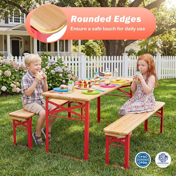 Costzon Kids Picnic Table, 43.5 Inch Folding Picnic Table with 2 Benches, Fir Wood Top & Metal Frame, No Assembly 3-Piece Portable Kids Indoor/Outdoor Furniture for Patio Backyard Daycare (Red)