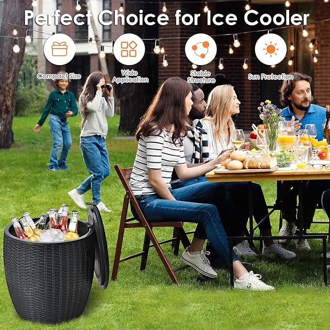 TANGZON 45L Ice Bucket Table, Rattan Effect Drinks Cooler with Lid & Side Handles, Outdoor Cocktail Table for Garden Patio Party and Pool (Black)