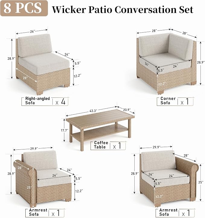 Patio Furniture Set 8 Piece, Wicker Rattan Sectional Sofa Couch with 5.5" Thick Waterproof Cushion and Coffee Table, L Shape All weather Outdoor Conversation Set for Lawn Backyard Deck, Beige