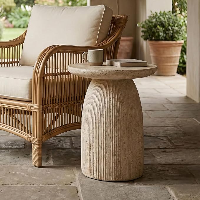 24/7 Shop at Home Ranera Modern 17-inch Natural Stone Side Table with Round Pedestal Base, Marble Nightstand, Fluted Patio End Table, for Living Room, Covered Outdoor Spaces, Light Brown Travertine