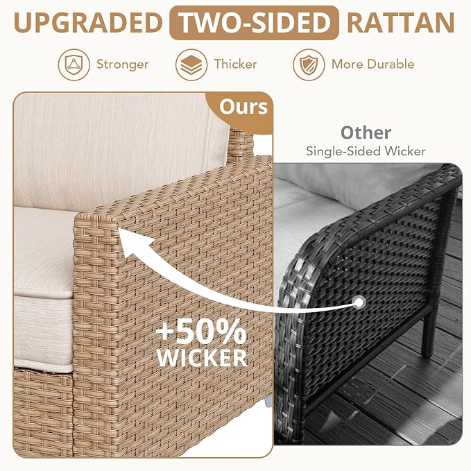 JOYURE 4-Piece Patio Furniture Set,Outdoor Wicker Patio Conversation Set with Tempered Glass Table,All-Weather Rattan Sectional Loveseat&Chairs with Thick Cushions for Garden,Deck,Backyard-Beige