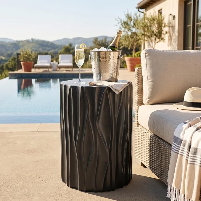 Black Side Table Wave Textured MGO Cylindrical Accnet End Table, Indoor & Outdoor Multi-Use Stool Table for Living Room Patio Balcony