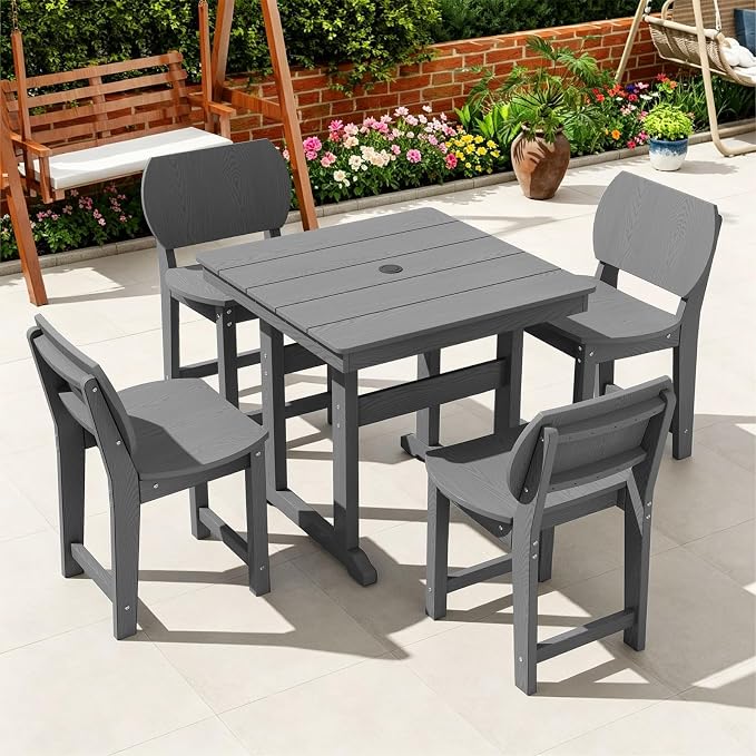 5-Piece HDPE Outdoor Dining Set, Weatherproof Patio Table and Chairs Set for 4, Includes 1 Square Table and 6 Armless Chairs, with Umbrella Hole (Grey)