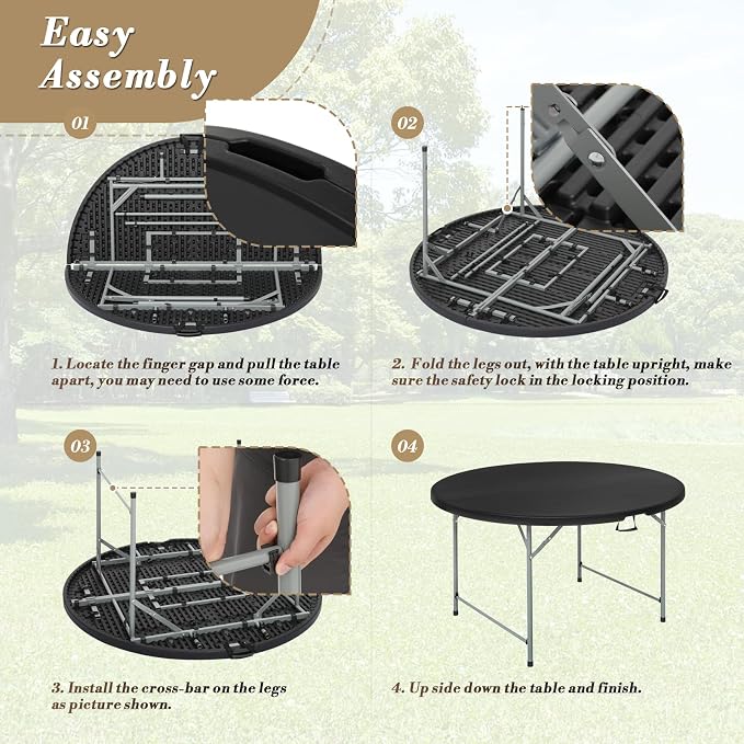 Athena Collection 5ft Folding Table, Portable Plastic Round Table Foldable Card Table, Indoor Outdoor Collapsible Craft Desk Dining Table with Lock & Handle for Commercial Event Party Camping, Black