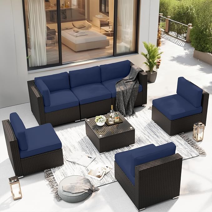 SOLAURA 7 Pieces Outdoor Patio Furniture Set, Black Brown Rattan Outdoor Patio Sectional Conversation Set, Modular Sofa Set with Coffee Table, Navy Blue