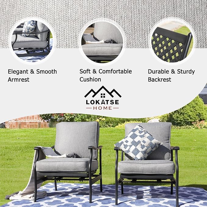 LOKATSE Home C-Spring Patio Chairs Set of 2, Outdoor Metal Motion Conversation Chairs with Gentle Bounce, 5.1" Extra Thick Blue Cushions Deep Seating Furniture for Deck & Porch