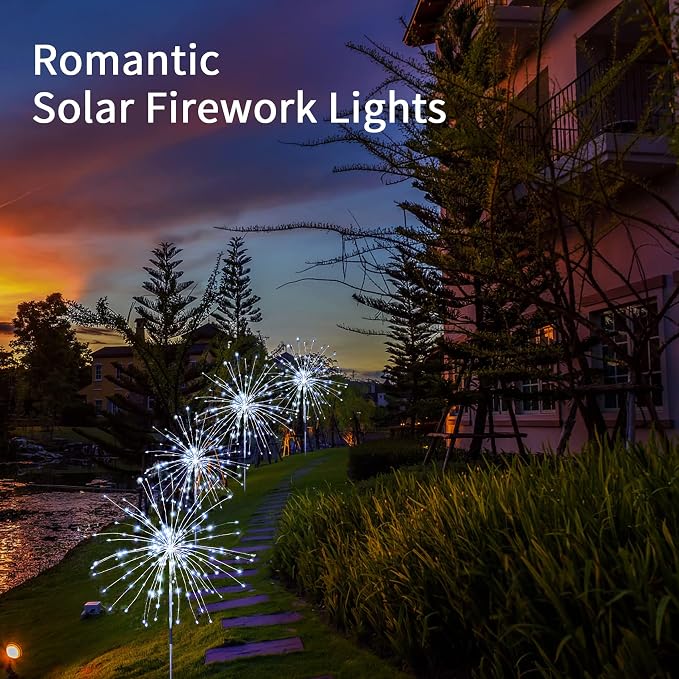 Solar Firework Lights, 2 Pack 120 LEDs 2 Lighting Modes Solar Garden Lights Outdoor Waterproof for Yard Patio Walkway Pathway Party Wedding Christmas Decorative- Cool White