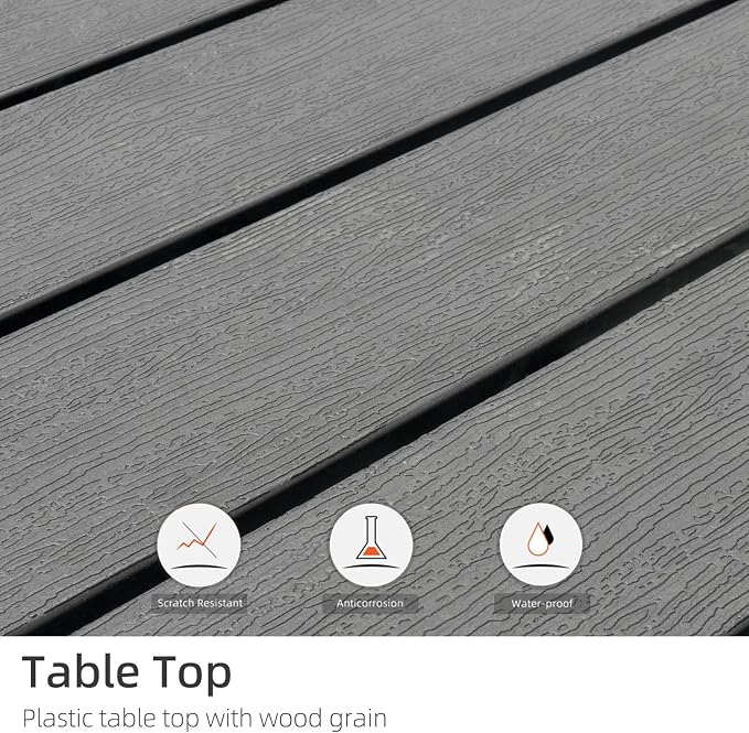 Black 37" Plastic Square Patio Dining Table 3ft for 4 Person with Metal Leg | Plastic Top, Square Table, 3ft, 4 Person Use, Metal Steel Leg, Wood-Like Grain Top, Umbrella Hole, Rust Free