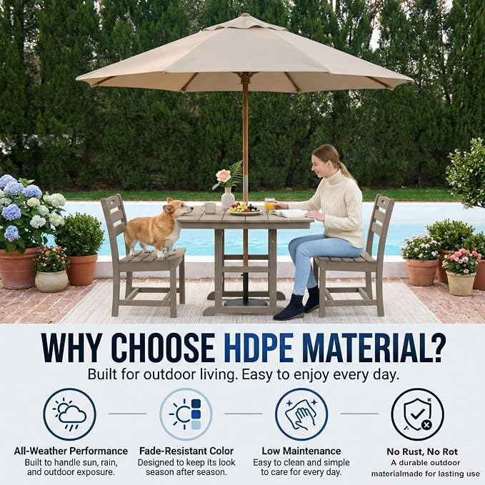 WILLIAMSPACE 37.8" Outdoor Patio Dining Set with 2 Armless Chairs, All Weather HDPE Square Dining Table with Umbrella Hole, Patio 3-Piece Bistro Set for Backyard, Balcony, Lawn, Kitchen (Brown)