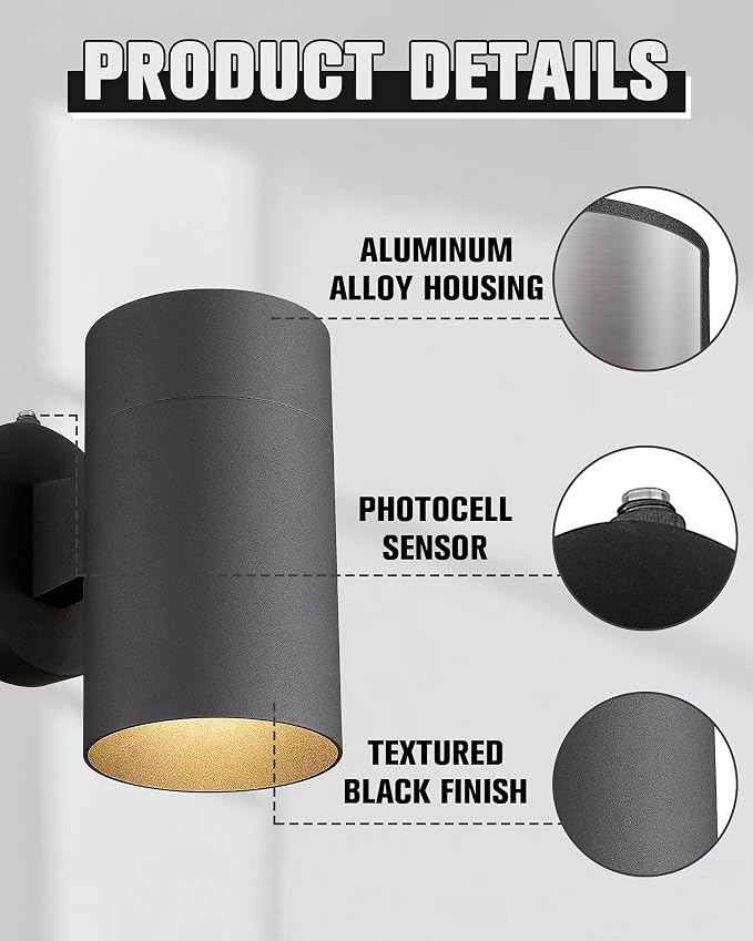 Ken & Ricky Dusk to Dawn Outdoor Wall Sconce Lights,Cylinder，Black ，2 PK | With Photocell Sensor,No Glare Exterior Lighting Fixtures,Outside Wall Light For House Front Porch Garage Patio Entryway