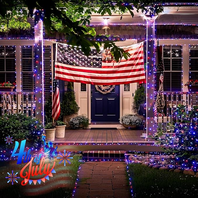 JMEXSUSS 2 Pack Solar Fairy Lights, Each 100 LED 33FT, Red White and Blue | Outdoor Waterproof, 4th of July Solar String Lights for Independence Day Outside Patio Yard Garden Decorations