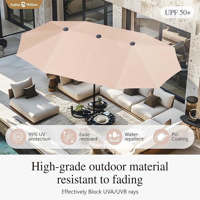 Sophia & William 7 Pieces Patio Dining Set with 13ft Beige Patio Umbrella, Outdoor Metal Table and Rattan Chairs Set for 6 People, Outdoor Dining Set with Cushions & 1.6" Adjustable Umbrella Hole
