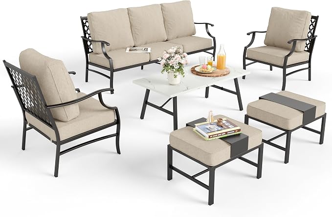 MIXPATIO Patio Furniture Set 6 pcs, Outdoor Patio Furniture, 3-Seat Sofa, 2 Single Chairs, 2 Ottomans, Coffee Table and 5.75" Extra Thick Cushion, Patio Conversation Set,Beige