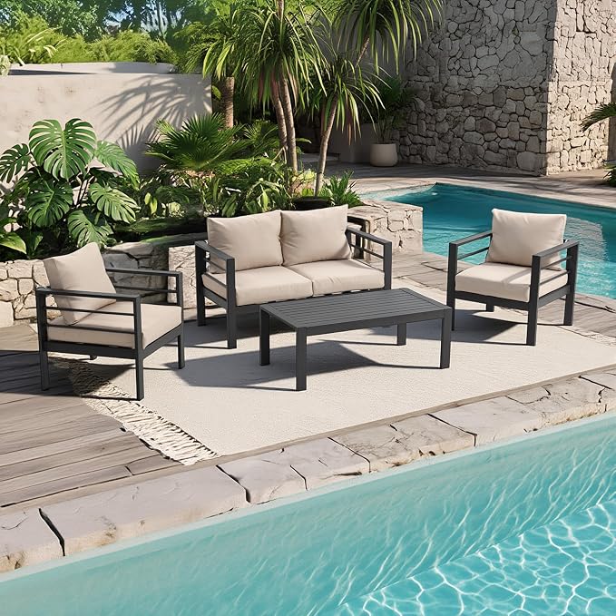 Metal Outdoor Coffee Table, Rectangle Patio Coffee Table, All-Weather Coffee Side Table for Balcony, Poolside, Deck, Garden, Dark Grey