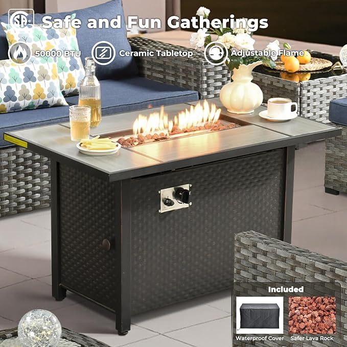 ovios 7 Pieces Patio Furniture Set, Outdoor Wicker Sectional Sofa with 42 Inch Fire Pit Table Comfy Cushions, Modern Modular Deep Seat Rattan Couch Conversation Set, Denim Blue