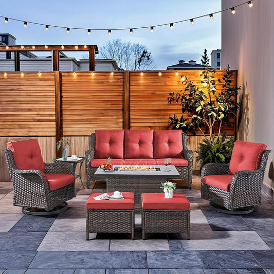 HUMMUH 7 Pieces Patio Furniture Set with Fire Pit Table Outdoor Conversation Set PE Wicker Patio Couch Swivel Glider Chairs Ottomans for Balcony Garden,Lawn,Deck