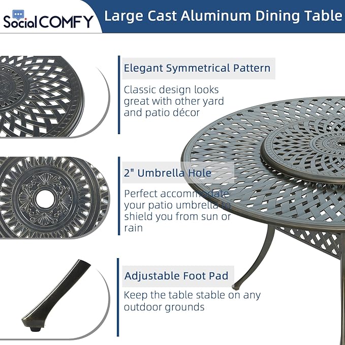 9-Piece Patio Cast Aluminum Dining Set, 8 Person Outdoor Dining Furniture Set, Includes 8 Cushioned Chairs and 61" Large Round Dining Table with 31" Lazy Susan, Umbrella Hole, Ocean Blue