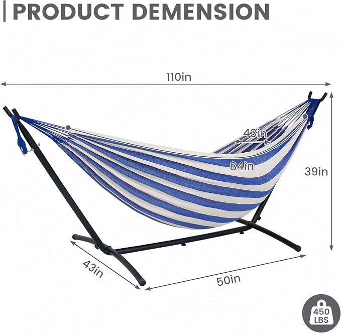 Lazy Daze Portable Hammock with Stand, Free Standing Hammocks for Indoor Outdoor Patio Yard, Has a Carrying Bag and Pillow, 9ft Hamacas Heavy Duty 2 Person Amaca 450 lbs Capacity(Blue White)