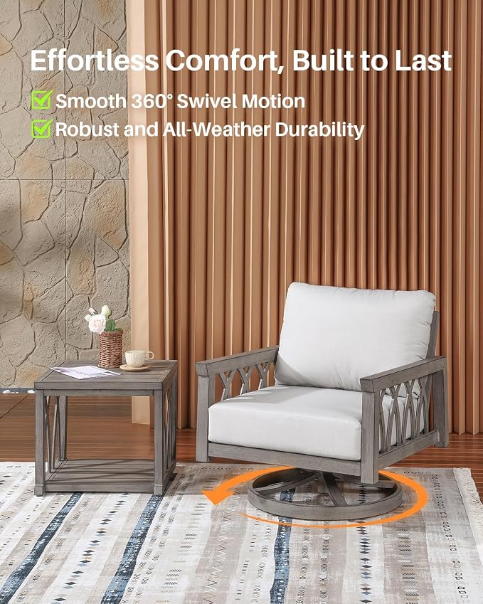 Aluminum Swivel Outdoor Armchair, Swivel Patio Sofa Chair with Thick Cushions, 360-Degree Rotating Aluminum Club Chair, Outdoor Rotation Chair Furniture for Deck, Porch, Garden, Limed Oak