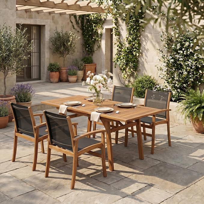SUNSITT 5-Piece Outdoor Patio Dining Set, 55" - 71" Acacia Wood Expandable Table & 4 Breathable Textilene Mesh Chairs, All-Weather Patio Furniture w/Umbrella Hole for Backyard, Deck, Garden, Black