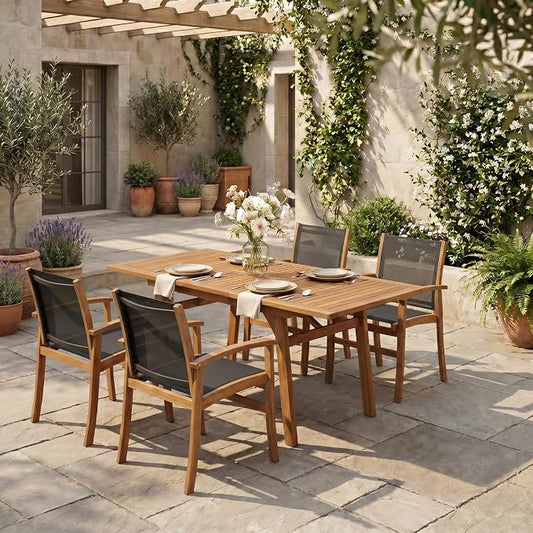 SUNSITT 5-Piece Outdoor Patio Dining Set, 55" - 71" Acacia Wood Expandable Table & 4 Breathable Textilene Mesh Chairs, All-Weather Patio Furniture w/Umbrella Hole for Backyard, Deck, Garden, Black