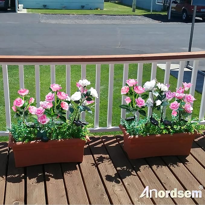 Anordsem Solar Garden Lights Outdoor: Waterproof Fabric Roses - Red LED Flower Decorations for Yard Patio Path Cemetery Grave - Birthday Gifts for Women Mom Wife - 4 Pack White