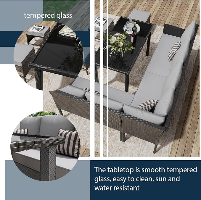 7-Piece Outdoor Patio Furniture Set, Wicker Sectional Sofa with Seat & Back Cushions & 3 Pillows, All-Weather Conversation Set with Long Glass Coffee Table for Garden, Porch, Lawn, Gray