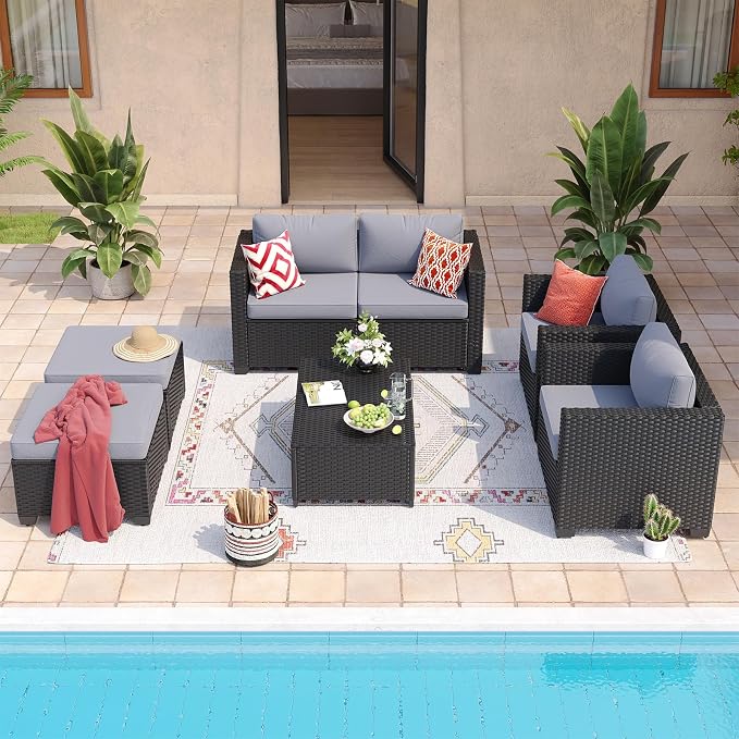 Aoxun 7 Piece Outdoor Patio Furniture Set 6 Seats, Outdoor Sectional with Thick Waterproof Cushions, Patio Conversation Sets for Garden,Backyard, Porch, Balcony, Deck, Black & Gray