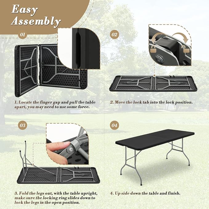 Athena Collection 6ft Folding Table, Lightweight Portable Desk with Handle, Square Foldable Plastic Table for Card Games, Collapsible Dining, Indoor Outdoor Camping Picnic & Party Use, Black