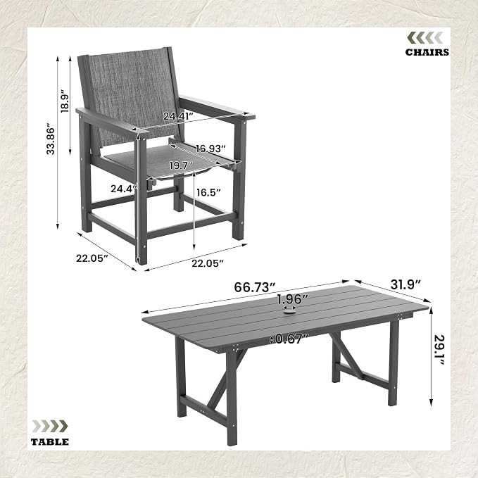 UDPATIO HDPE Outdoor Dining Table Heavy Duty All-Weather Resistant with Umbrella Hole Furniture for Patio, Poolside, Deck, Garden, Porce, Kitchen, Room,Light-Grey,1Table