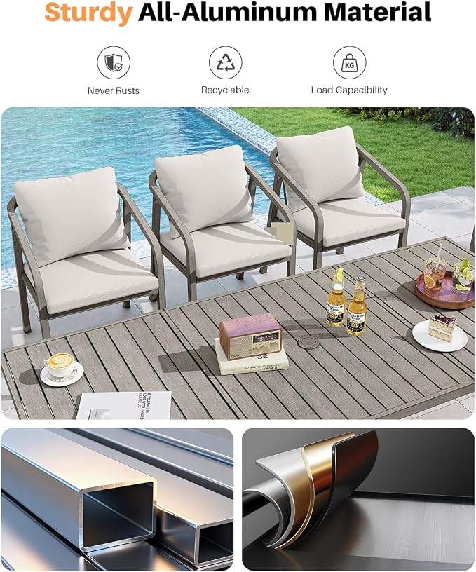 Outdoor Dining Table for 8, Never-Rust Aluminum Patio Dining Table, 82"×35" Large Rectangle Patio Table with Umbrella Hole, Outdoor Table with Wood-Like Texture for Deck, Porch, Gray Oak
