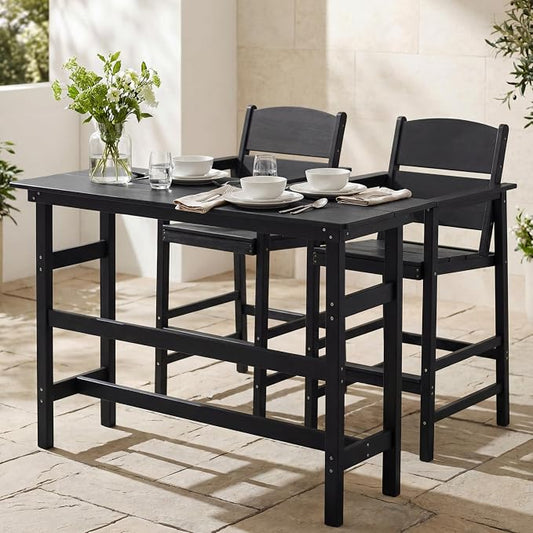 Outdoor Bar Table Set 3 Piece, HDPE Patio Bar Height Furniture Set with 2 Chairs, Small Space Patio Furniture, Weather Resistant Balcony Bistro Set for Garden, Deck, Porch, Premium Black