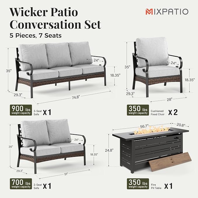 MIXPATIO Patio Furniture Set with Fire Pit Table, Metal Outdoor Conversation Set with 2 Fixed Chairs, Loveseat Sofa, 3-Seat Sofa and Gas Fire Pit Table for Lawn Garden Backyard, Light Grey