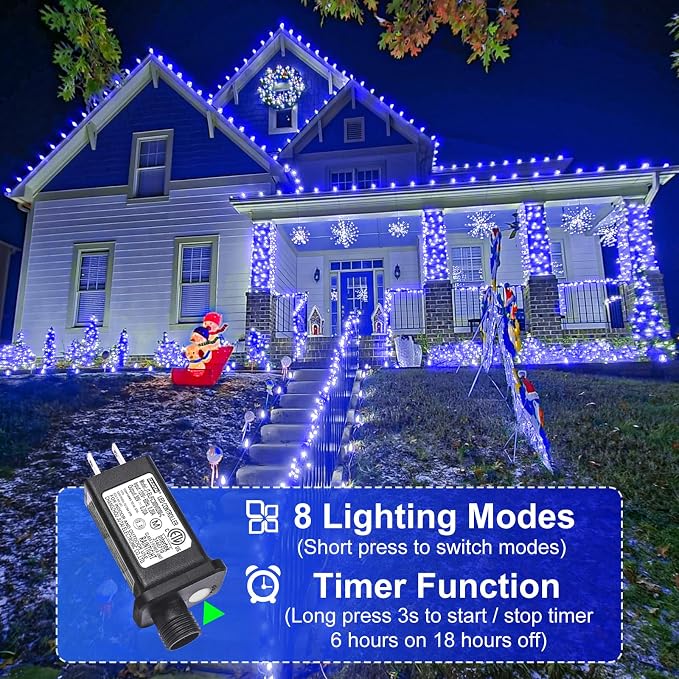 2 Pack Christmas Lights Outdoor, Total 200FT 600 LED Christmas Tree Lights | Blue, 8 Modes Waterproof Connectable String Lights for Outside Indoor House Yard Patio Garden Wedding Holiday Decorations