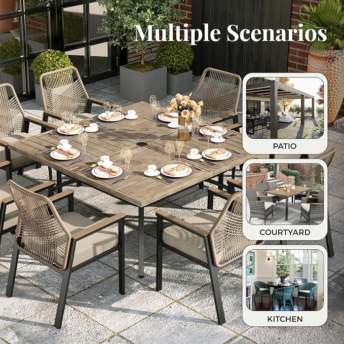 MIXPATIO 9 Pieces Outdoor Patio Dining Set, Rectangular Metal Patio Table with Umbrella Hole, 2 Swivel and 6 Fixed Chairs with 3.2" Cushion for Yard, Porch, Beige