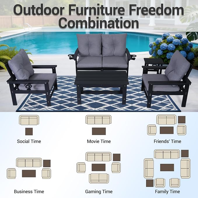 Patio Furniture Set 4 Seat, HDPE All-Weather Outdoor Sectional Conversation Sofa with Coffee Table, Washable Think Cushions for Lawn, Garden, Deck, Porch, Black