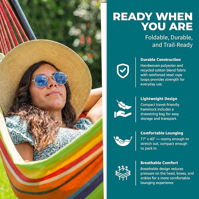 Bliss Hammocks 40" W Single Outdoor Hammock with Universal Multi-Loop Suspension with "S" Hooks, Durable, Cotton/Polyester, 220 Lbs Capacity, Guacamole Stripe