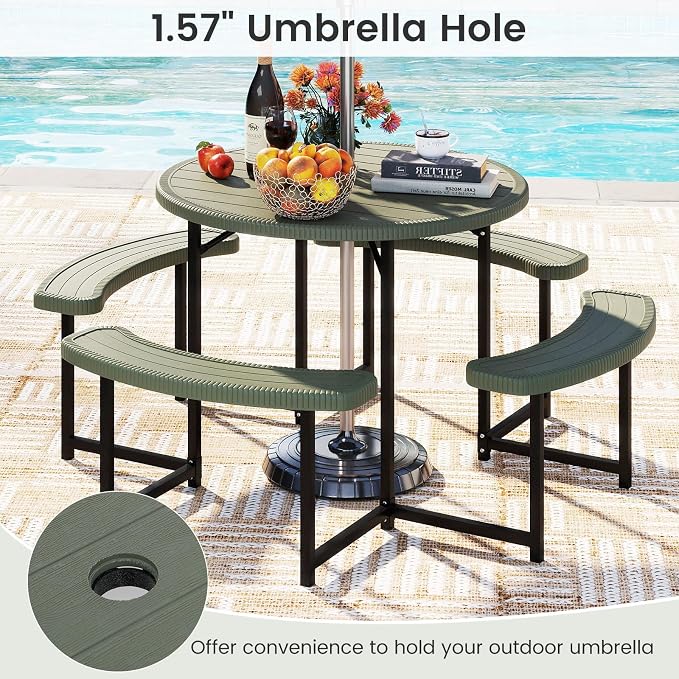 LDAILY Picnic Tables with Benches, Round Picnic Dining Table with 1520 lbs Capacity Metal Frame, HDPE Tabletop & Umbrella Hole, 8-Person Plastic Picnic Tables for Outdoors, Patio, Lawn, Yard (Green)