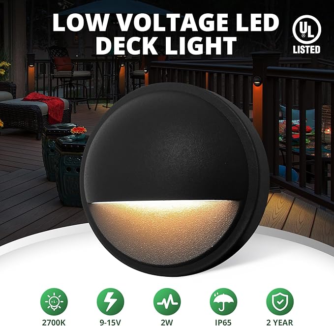 Low Voltage LED Deck Lights, Landscape Step Stair Railing Light with 2W Integrated LED Chips, Die-cast Aluminum 12V AC/DC Accent Lighting Fixtures with Black Powder Coated Finish (4-Pack)