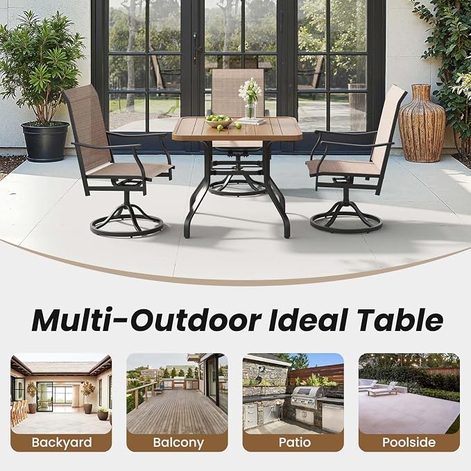 HRVEOCEI 35" Outdoor Square Table with Umbrella Hole, Metal Patio Dining Tables for Lawn Garden, Wood-Like Grain Bistro Table Outdoor for Backyard,Poolside,Deck,Por (Natural, Square)
