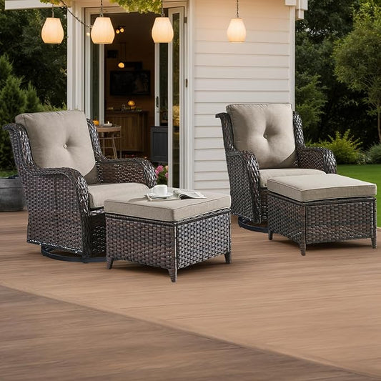 HUMMUH 4 Piece Outdoor Patio Furniture Set Wicker Conversation Bistro Set Swivel Rocker Chairs with 2pcs Ottomans for Backyard, Porch, Balcony