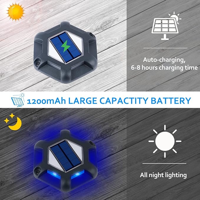 Solar Dock Lights Driveway Deck Lights - 16 Packs Waterproof 1200mAh Outdoor LED Aluminum Dock Lighting Warning Step Light for Driveway Sidewalk Garden Pathway Yard (Blue)