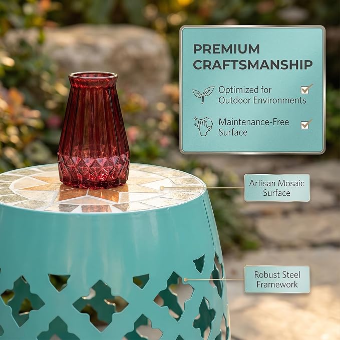 Light Turquoise 18" Patio Round Side Table, Ceramic Mosaic Tile Top Garden Stool with Decorative Lattice Design, Metal Outdoor End Table for Balcony, Porch, Yard, Plant Stand, 175lbs Capacity